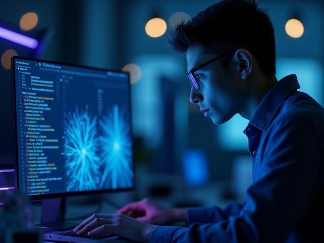 Студент, работающий над проектом по искусственному интеллекту, на экране графики нейронных сетей.