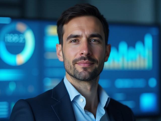 Портрет Данияра, зрелого мужчины, уверенно смотрящего в камеру, с графиками на заднем плане.