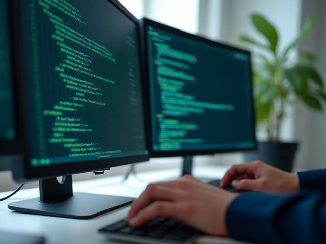 Крупный план экрана с кодом веб-разработки, множество открытых файлов, стильная офисная обстановка.